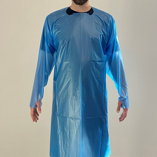 front view of man wearing Protex™ PE, Level 2, Disposable Non-Surgical Isolation Gown, Open Back, Model SGL204Z