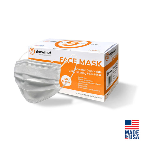 single mask and box behind of Shawmut Disposable 3-Ply Filtering Face Mask, Model SM3300